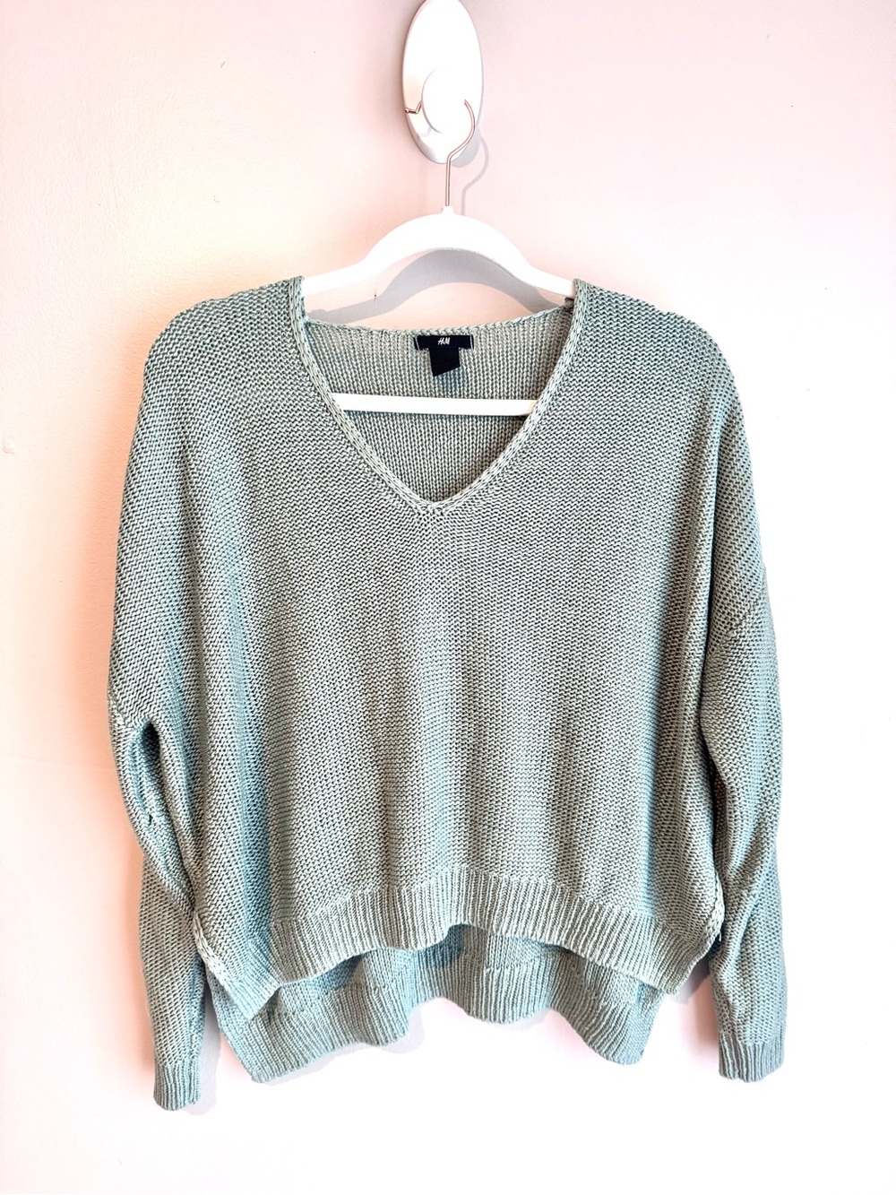 H&M Sage Green Crop Oversized Sweater Open Knit V Neck M
